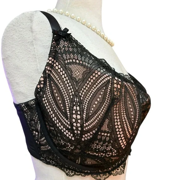 Cacique Black Pink Lightly Lined French Balconette Lace Padded underwire Bra - Picture 3 of 8